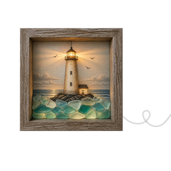 LED Night Light, Sea Glass Lighthouse Photo Frame USB Powered Decorative Ornament Bedroom Living Room Desktop Aesthetic Lighting Accessory Creative Glowing Display