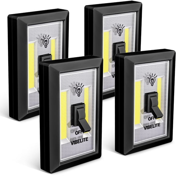 LED Night Light Switch, 200 Lumen Wireless COB LED Lamps Switch Light, Under Cabinet, Shelf, Closet, Garage, Kitchen, Stairwell and Emergency, Battery Operated, 4 Pack, Black