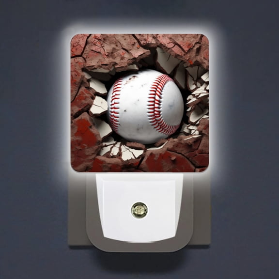 LED Night Lights Lamp with Dusk to Dawn Sensor, Baseball Ball In The Hole Of Cracked Red Wall With Cracks Night Light Plug Into Wall for Kids Room, Bedroom, Bathroom, Kitchen, Hallway