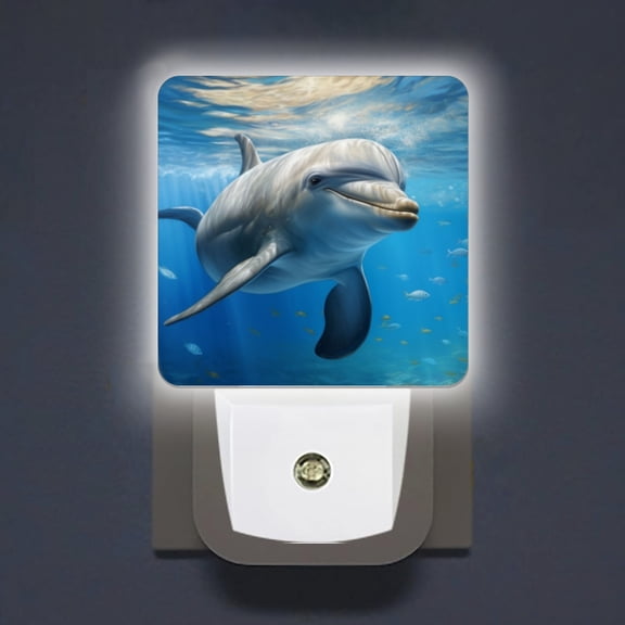 LED Night Lights Lamp with Dusk to Dawn Sensor, Beautiful And Happy Dolphin Swimming In The Ocean Night Light Plug Into Wall for Kids Room, Bedroom, Bathroom, Kitchen, Hallway