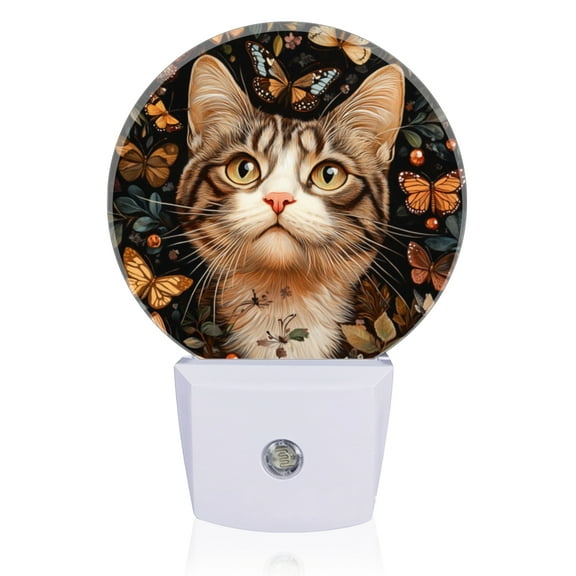 LED Night Lights Lamp with Dusk to Dawn Sensor, Big Eyed Tabby Cat In Flowers Night Light Plug Into Wall for Kids Room, Bedroom, Bathroom, Kitchen, Hallway