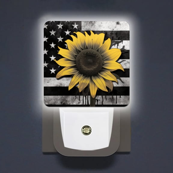 LED Night Lights Lamp with Dusk to Dawn Sensor, Black And White American Flag With An Illustration Of Sunflower Night Light Plug Into Wall for Kids Room, Bedroom, Bathroom, Kitchen, Hallway