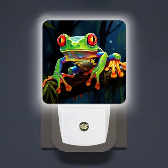 LED Night Lights Lamp with Dusk to Dawn Sensor, Colorful Red Eyed Tree Frog On Branch With Fantasy Background Night Light Plug Into Wall for Kids Room, Bedroom, Bathroom, Kitchen, Hallway