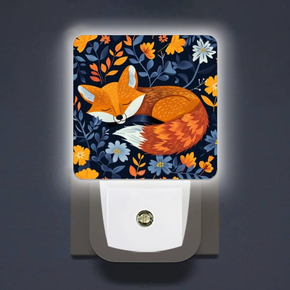 LED Night Lights Lamp with Dusk to Dawn Sensor, Cute Fox Sleeping Among The Flowers Night Light Plug Into Wall for Kids Room, Bedroom, Bathroom, Kitchen, Hallway