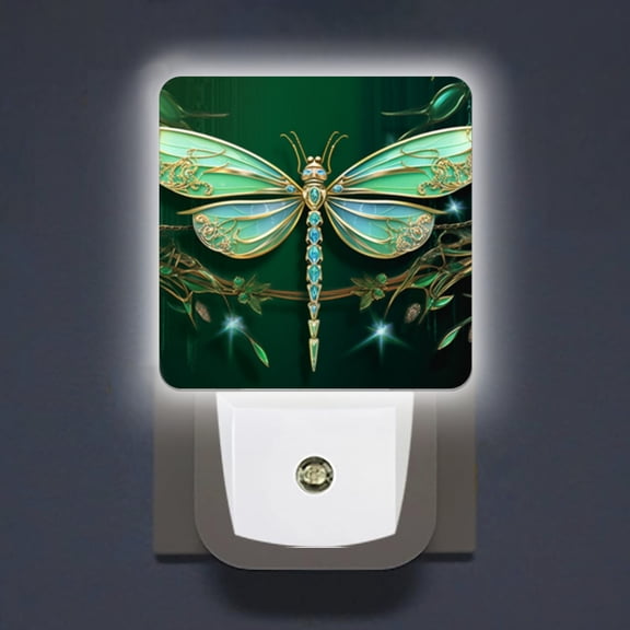 LED Night Lights Lamp with Dusk to Dawn Sensor, Dragonfly Made Of Emerald Green Gemstones And Gold Night Light Plug Into Wall for Kids Room, Bedroom, Bathroom, Kitchen, Hallway