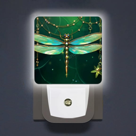 LED Night Lights Lamp with Dusk to Dawn Sensor, Dragonfly Made Of Green And Gold With Gemstones Hanging Night Light Plug Into Wall for Kids Room, Bedroom, Bathroom, Kitchen, Hallway