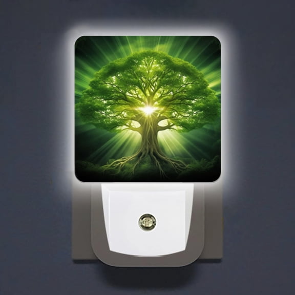 LED Night Lights Lamp with Dusk to Dawn Sensor, Green Tree Of Life With Rays Emanating From It Night Light Plug Into Wall for Kids Room, Bedroom, Bathroom, Kitchen, Hallway