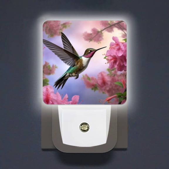 LED Night Lights Lamp with Dusk to Dawn Sensor, Hummingbird Hovering Near Pink Azaleas Night Light Plug Into Wall for Kids Room, Bedroom, Bathroom, Kitchen, Hallway