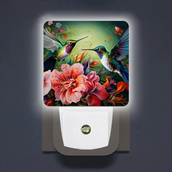 LED Night Lights Lamp with Dusk to Dawn Sensor, Hummingbirds With Iridescent Colorful Feathers Flying Around Flowers Night Light Plug Into Wall for Kids Room, Bedroom, Bathroom, Kitchen, Hallway