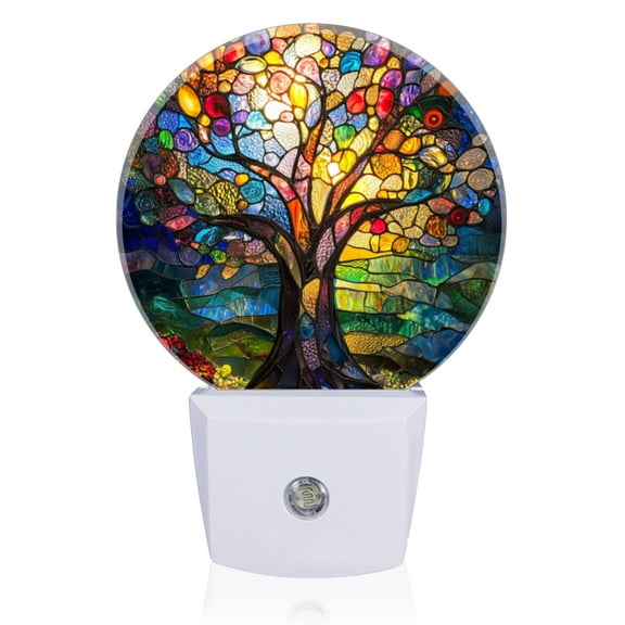 LED Night Lights Lamp with Dusk to Dawn Sensor, Stained Glass Style Tree Night Light Plug Into Wall for Kids Room, Bedroom, Bathroom, Kitchen, Hallway