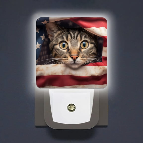 LED Night Lights Lamp with Dusk to Dawn Sensor, Tabby Cat Peeks Out From Behind American Flag Night Light Plug Into Wall for Kids Room, Bedroom, Bathroom, Kitchen, Hallway
