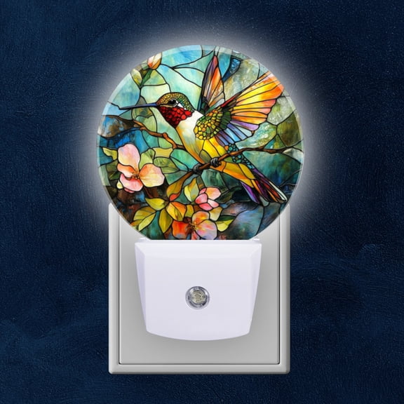 LED Night Lights Lamp with Dusk to Dawn Sensor, Vivid Glass - Patterned Humming - Bird Night Light Plug Into Wall for Kids Room, Bedroom, Bathroom, Kitchen, Hallway