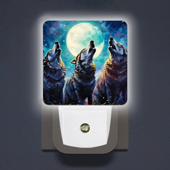 LED Night Lights Lamp with Dusk to Dawn Sensor, Wolves Howl Under The Moonlight In The Style Of Paint Night Light Plug Into Wall for Kids Room, Bedroom, Bathroom, Kitchen, Hallway