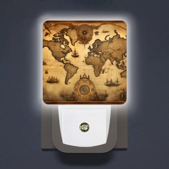 LED Night Lights Lamp with Dusk to Dawn Sensor, World Map With Old Fashioned Compass And Ships Night Light Plug Into Wall for Kids Room, Bedroom, Bathroom, Kitchen, Hallway