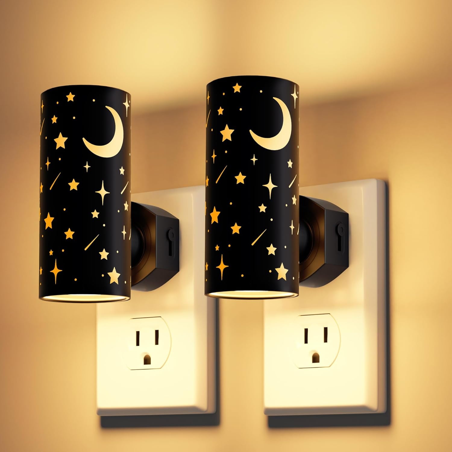 LED Night Lights Plug into Wall, 2-Pack 3000K Bright Plug in Nightlight, Dusk-to-Dawn Sensor, Dimmable 0-100LM, Auto-On/Off, Home Decor for Kids Room, Bathroom, Hallway, Bedroom, Black Stars