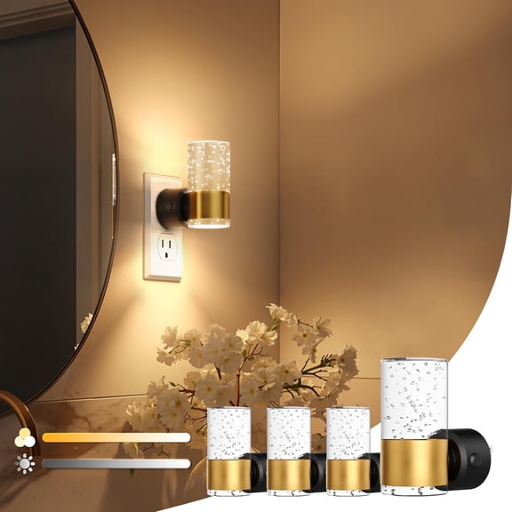 LED Night Lights Plug into Wall, Dimmable Night Light 3 CCT & 5 Brightness Levels, Acrylic Bubble Nightlight with Dusk to Dawn Sensor for Hallway, Bathroom, Stair, Nursery Gold 4 Pack