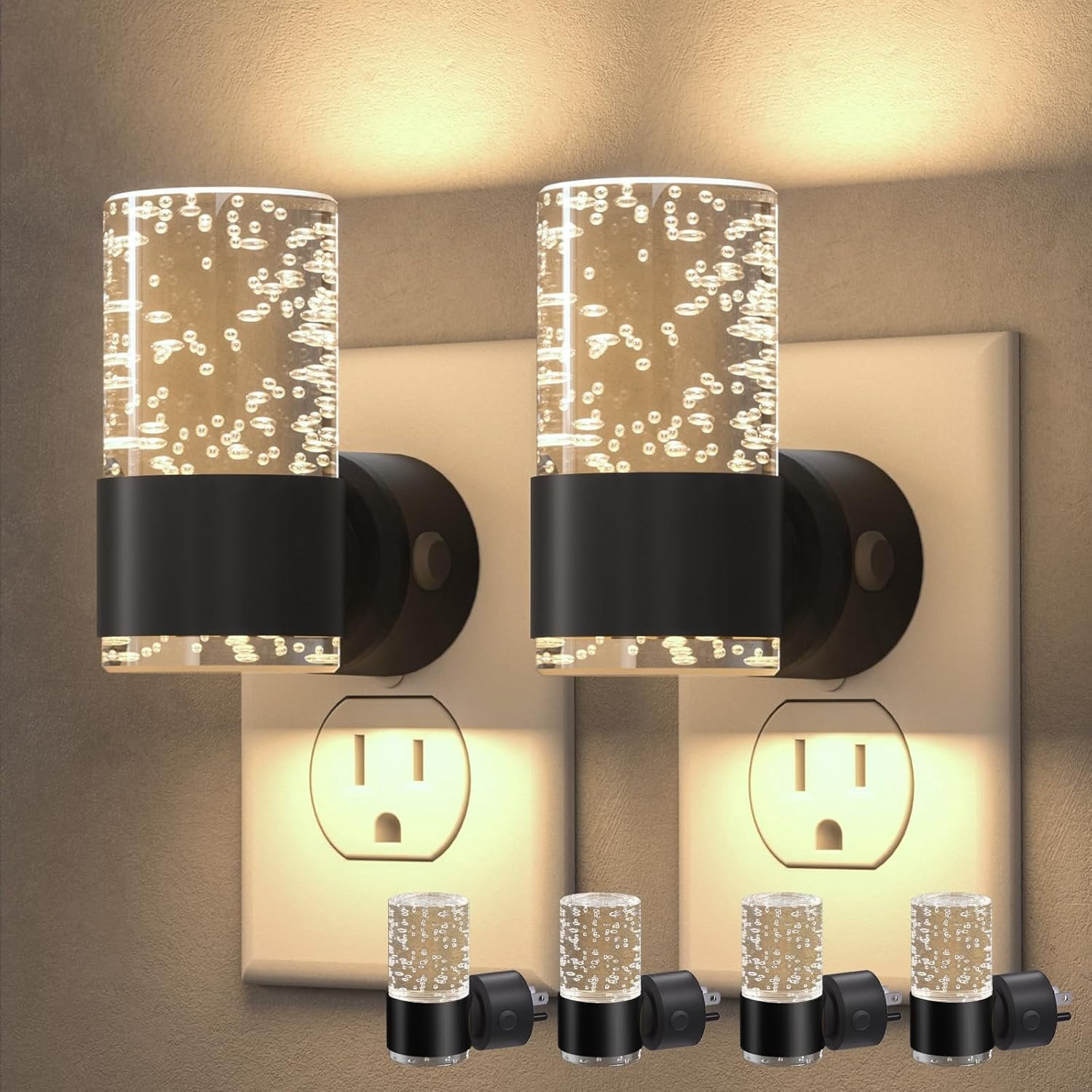 LED Night Lights Plug into Wall, Dimmable Night Light 3 CCT & 5 Brightness Levels,  Bubble Nightlight with Dusk to  Sensor for Hallway, Bathroom, Stair,  Black 4 Pack