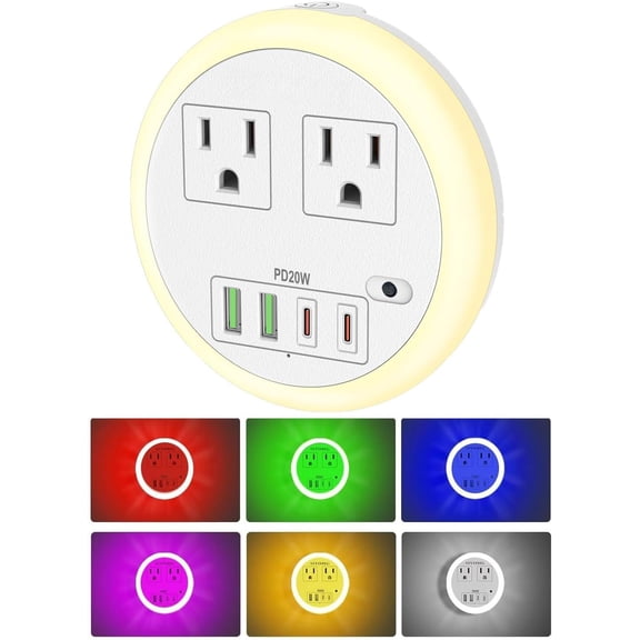 LED Night Lights Plug into Wall, Plug in Night Light with 4 USB Ports and 2 Outlets,  Dusk to  Sensor 6-Color Adjustable, Night Light for Bathroom Bedroom Hallway