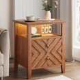 thumbnail image 1 of LED Night Stand with 2 Storage Drawers and Stable Legs, Farmhouse Nightstand w/V-Shaped Design & Open Storage Shelf, Wooden Rustic End Table for Bedroom Living Room, 1 of 9