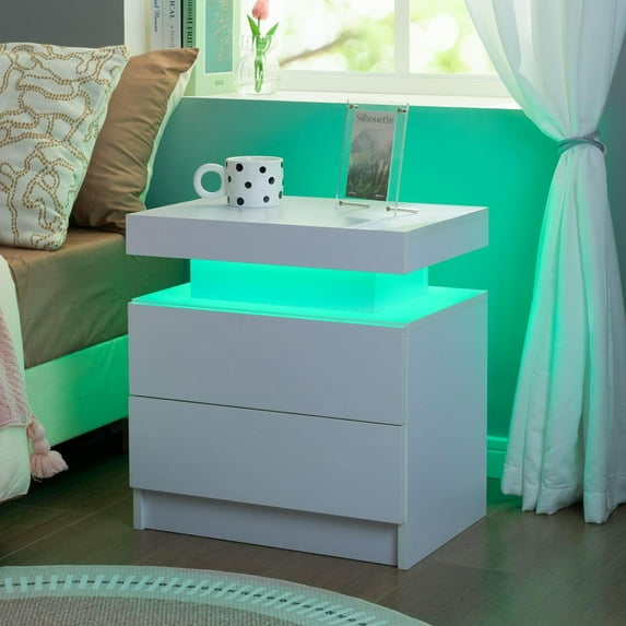 LED Night Stand White Nightstand with 2 Drawers Modern Beside Table for Bedroom Side Bed Table with LED Lights