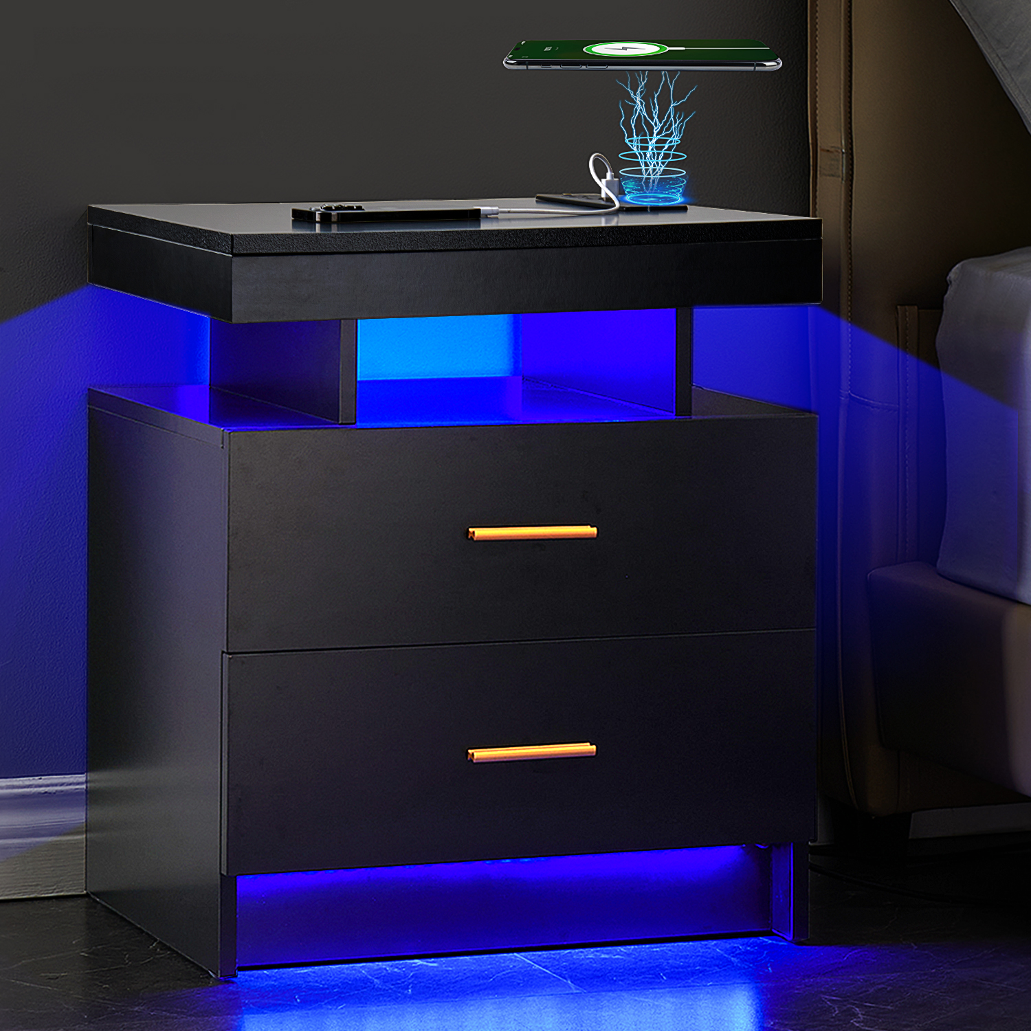 LED Nightstand, Modern Nightstand with 2 Drawers,USB Charging Ports