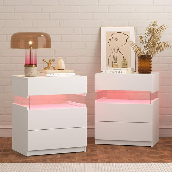 LED Nightstand 2 Nightstands Bedroom set of 2 Bedroom Night Stands with Drawers Modern Bedside Table with 3 Drawers