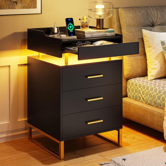 LED Nightstand with 3 Drawers and 1 Pull-Out Tray,Black Nightstand with USB Port Charging Station,End Side Table with Storage and LED Lights & Metal Legs