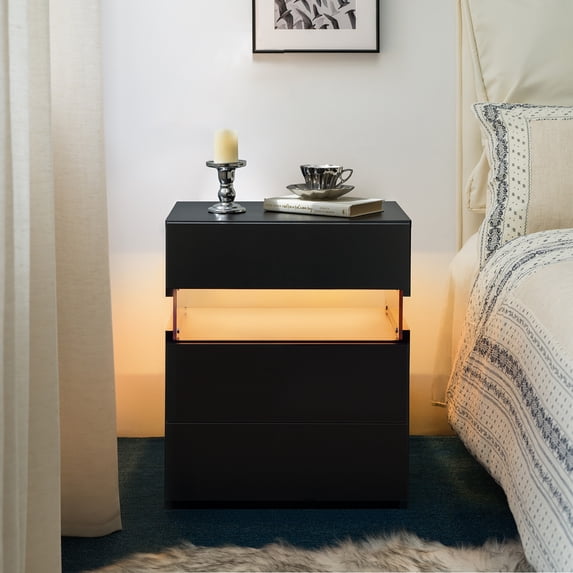 LED Nightstand with 3 Drawers for Bedroom, Black Bedside Table with ...