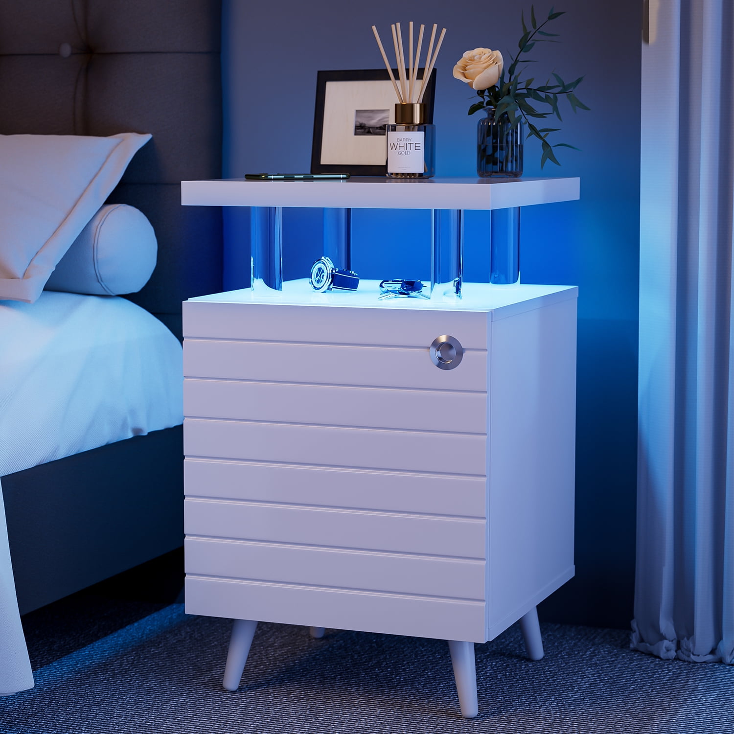 LED Nightstand Bedside Table with 2 Drawers Storage High Gloss End
