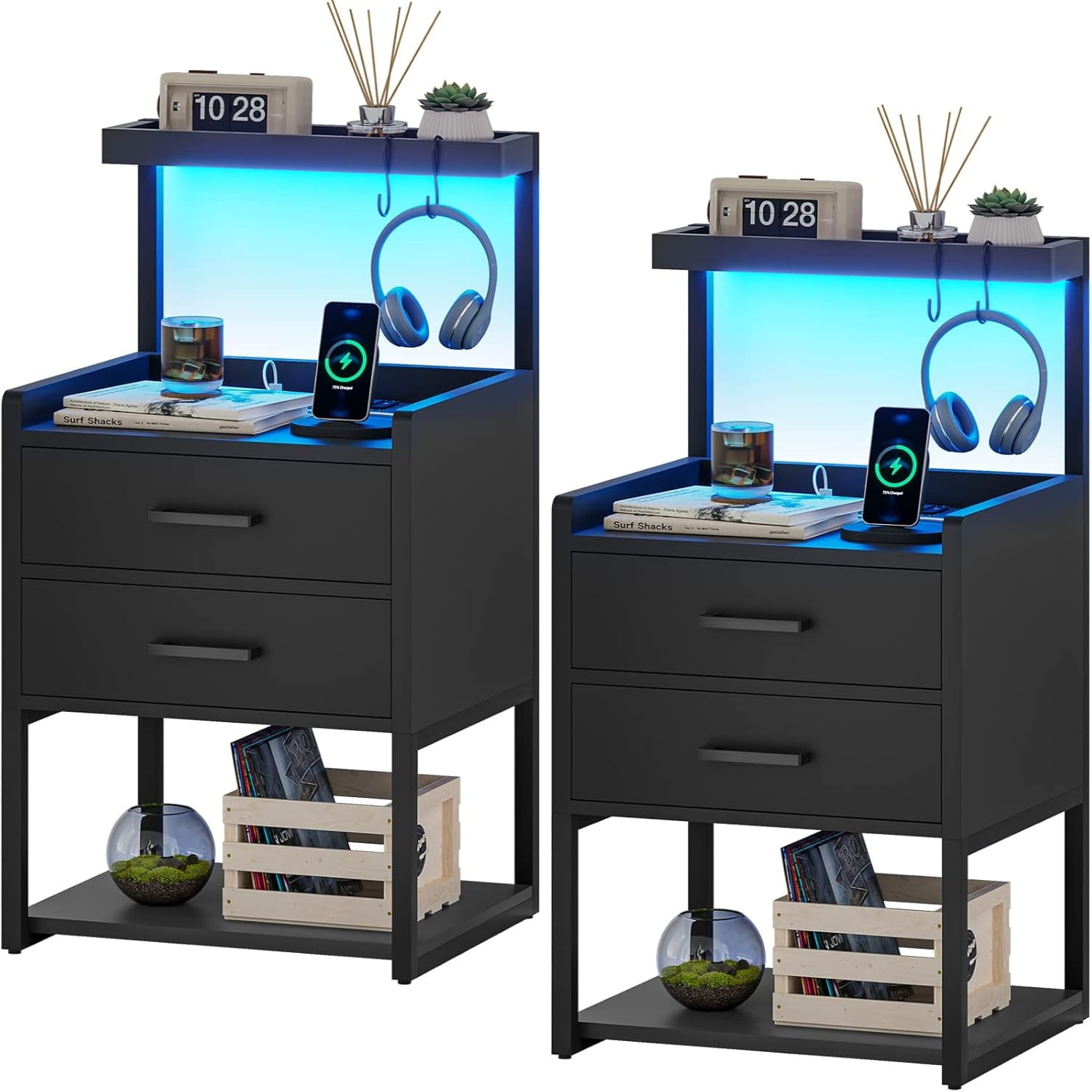 LED Nightstand with Charging Station 2 Drawers Night Stand with LED