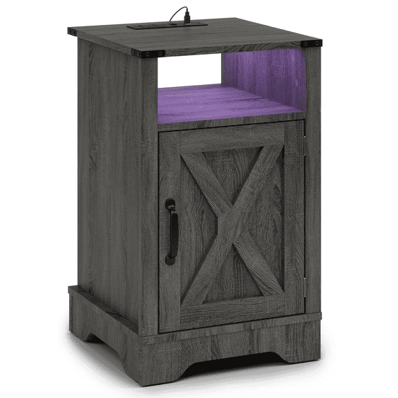 LED Nightstand with Charging Station, Bedside Table with Storage Cabinet and Shelf, Rustic End Table, Farmhouse Wooden Side Table, for Bedroom, Living Room, Dark Gray