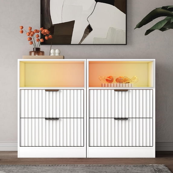 LED Nightstand with Charging Station, Fluted Nightstand Set of 2, Wood Nightstands with 2 Drawers & Metal Handles, Modern Bedside Table & End Tables, Farmhouse Night Stands for Bedroom, White