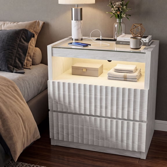 FUSUNBAO LED Nightstand with Charging Station, Modern Farmhouse 2 Drawer Bedside Table with Tempered Glass Top, Fluted Fluted Wood End Table with Open Shelf for Bedroom, Off-White