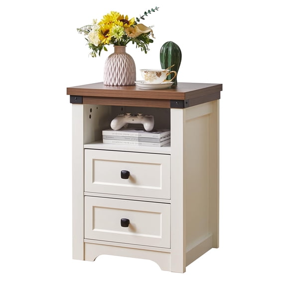 LED Nightstand with Charging Station, Modern Farmhouse Bedside Table with 2 Drawers and Open Shelf, Smart End Table with Adjustable RGB Lights and Wood Top for Bedroom, Living Room, Off White