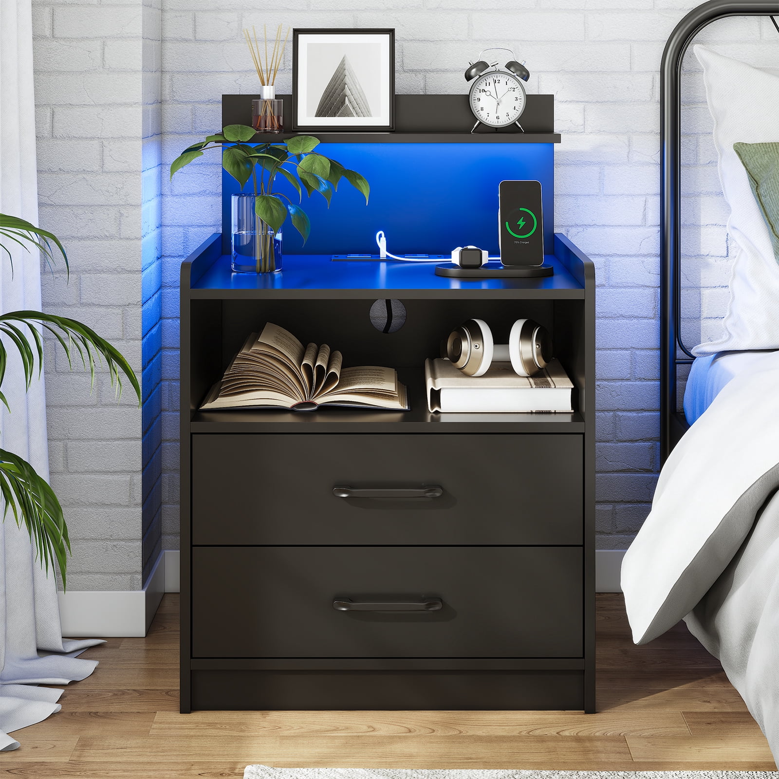 MONECHO, LED Nightstand with Charging Station, 2 Drawers, Open Storage ...