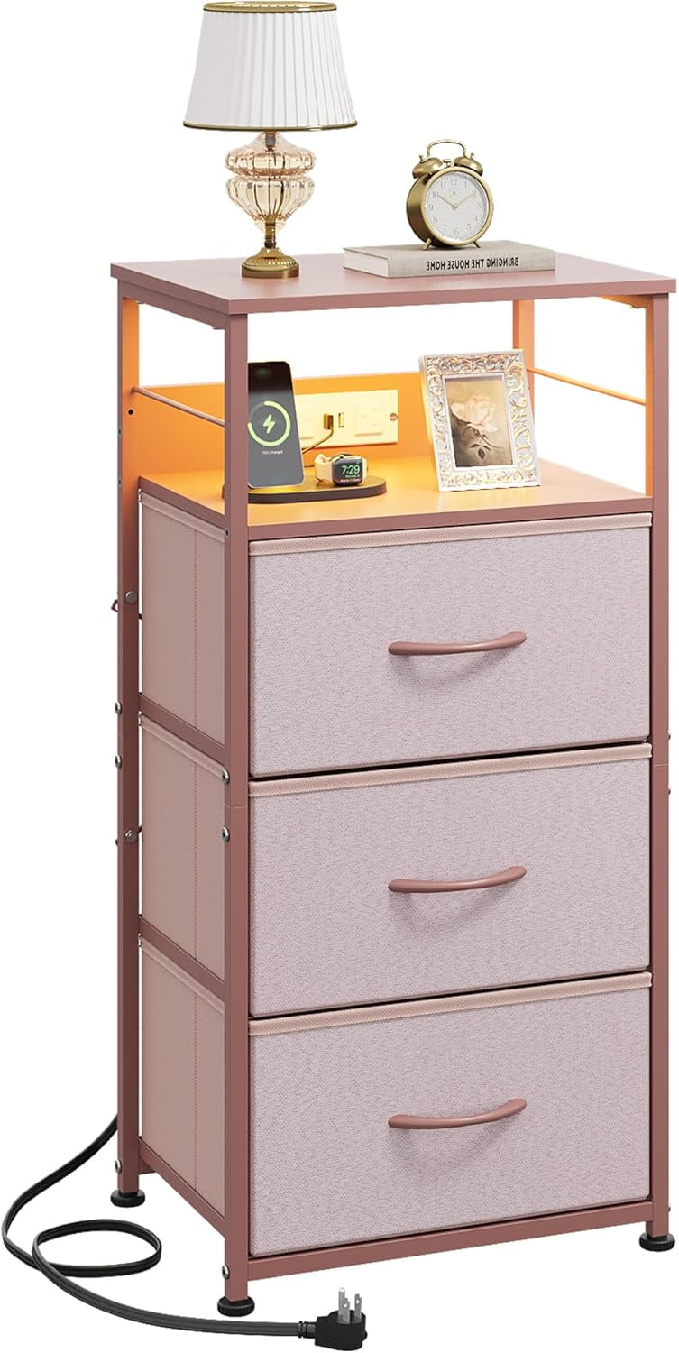 LED Nightstand with Charging Station, Night Stand with 3 Fabric Drawers ...