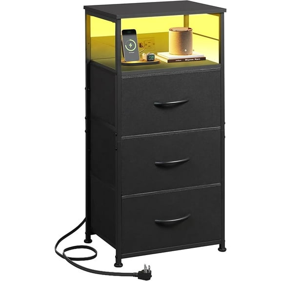 LED Nightstand with Charging Station, Night Stand with 3 Fabric Drawers and Storage Shelf, Small Dresser for Small Space, 31.9" H Bedside Table with USB Ports and Outlets for Bedroom