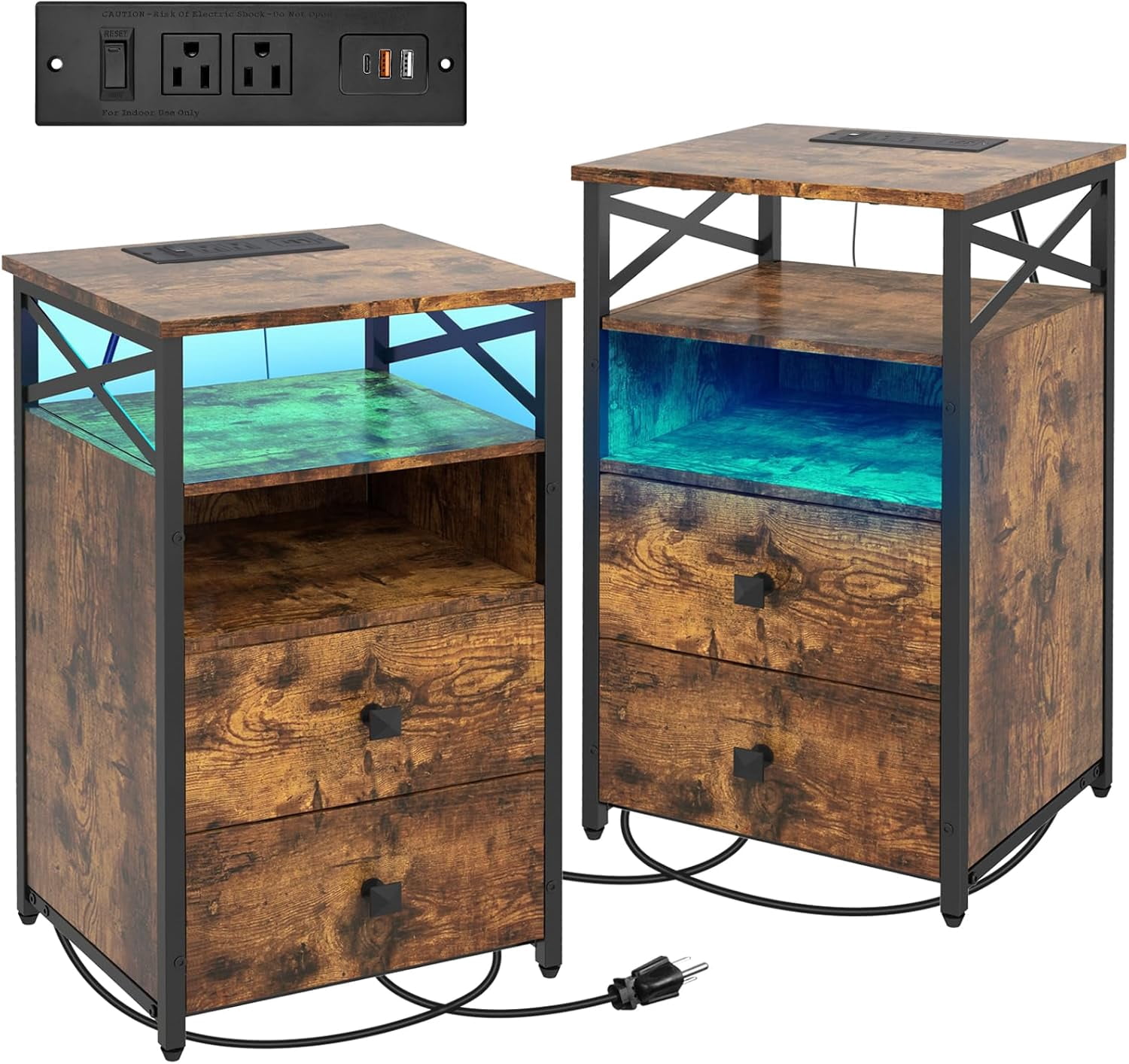 Farmhouse Nightstand Set Of 2 – LED End Tables With Charging Station & Barn Door