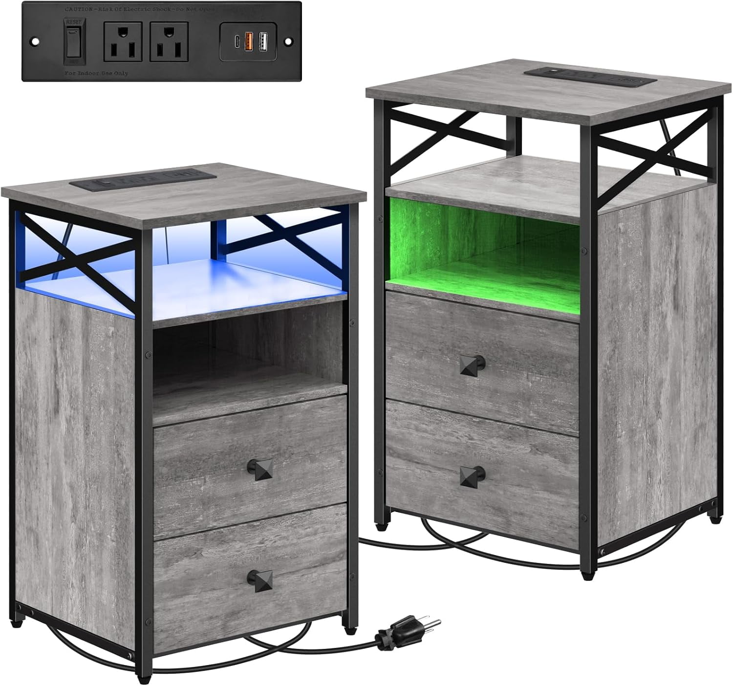 Farmhouse Nightstand Set Of 2 – LED End Tables With Charging Station & Barn Door