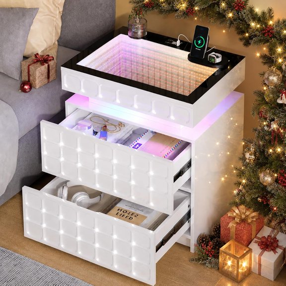 LED Nightstand with Charging Station, RGB Bedside Table with Sliding Infinity Mirror Top, Motion Sensor, High Gloss 3 Drawers for Teen Tech Bedroom Living Room