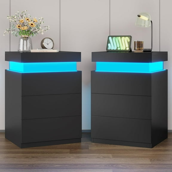 LED Nightstand Charging Station USB Port Outlets Bedside Table 3 Drawers Black Night Table Modern Smart Nightstand Sliding Top End Side Table for Bedroom Furniture 26.8" Tall,2pcs