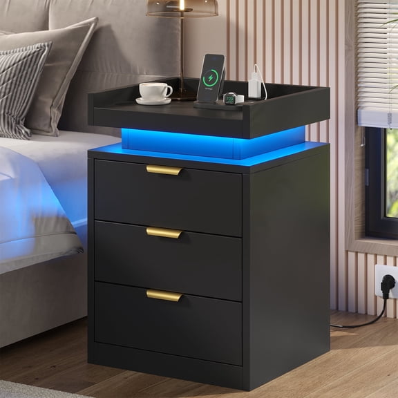 LED Nightstand with Charging Station & USB Ports, 3-Drawer Bedside Table with Adjustable RGB LED Lights, High-Gloss Modern Nightstands for Bedroom, Black