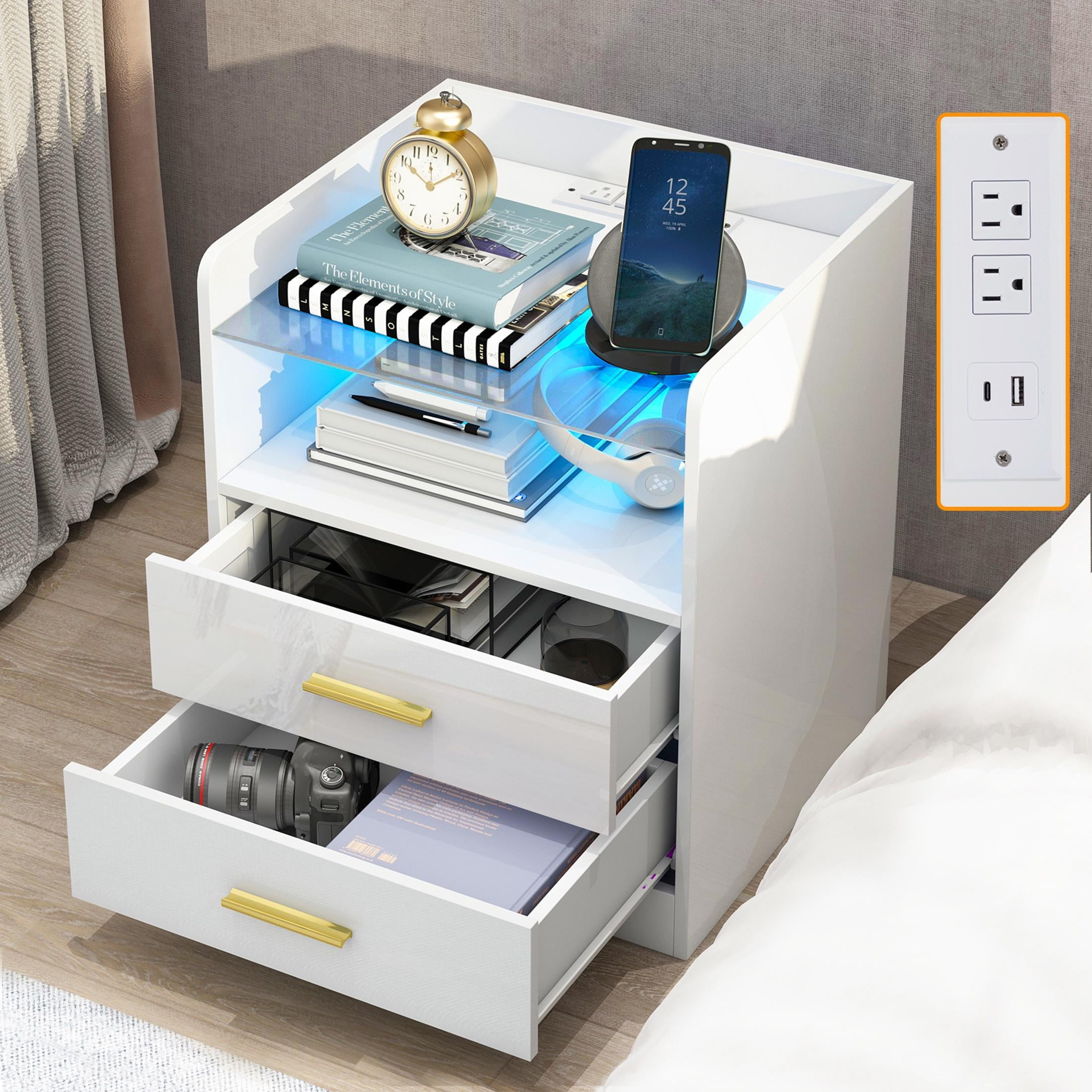 White LED Nightstand with Charging Station, Modern High Gloss Black Side Table with 2 Drawers and Adjustable Color Lights, High Gloss Black End Table for Bedroom Living Room
