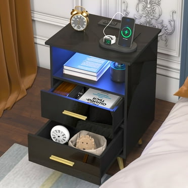 LED Nightstand with Charging Station, Wood Side Table with Drawers, Modern Black High Gloss Nightstand for Bedroom, End Side Table for Living Room, Black