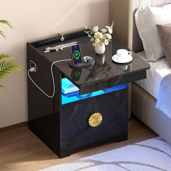 LED Nightstand with Gun Drawer, Modern Bedside Table with 3-Color Lights & Human Sensor, Smart Night Stand with Charger Station, 2 Drawers End Table for Bedroom, Black