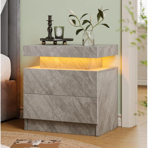 LED Nightstand Modern Bedside Table for Bedroom Night Stand with 2 Wood Drawers End Side Table with 16 Colors LED Strip for Bedroom