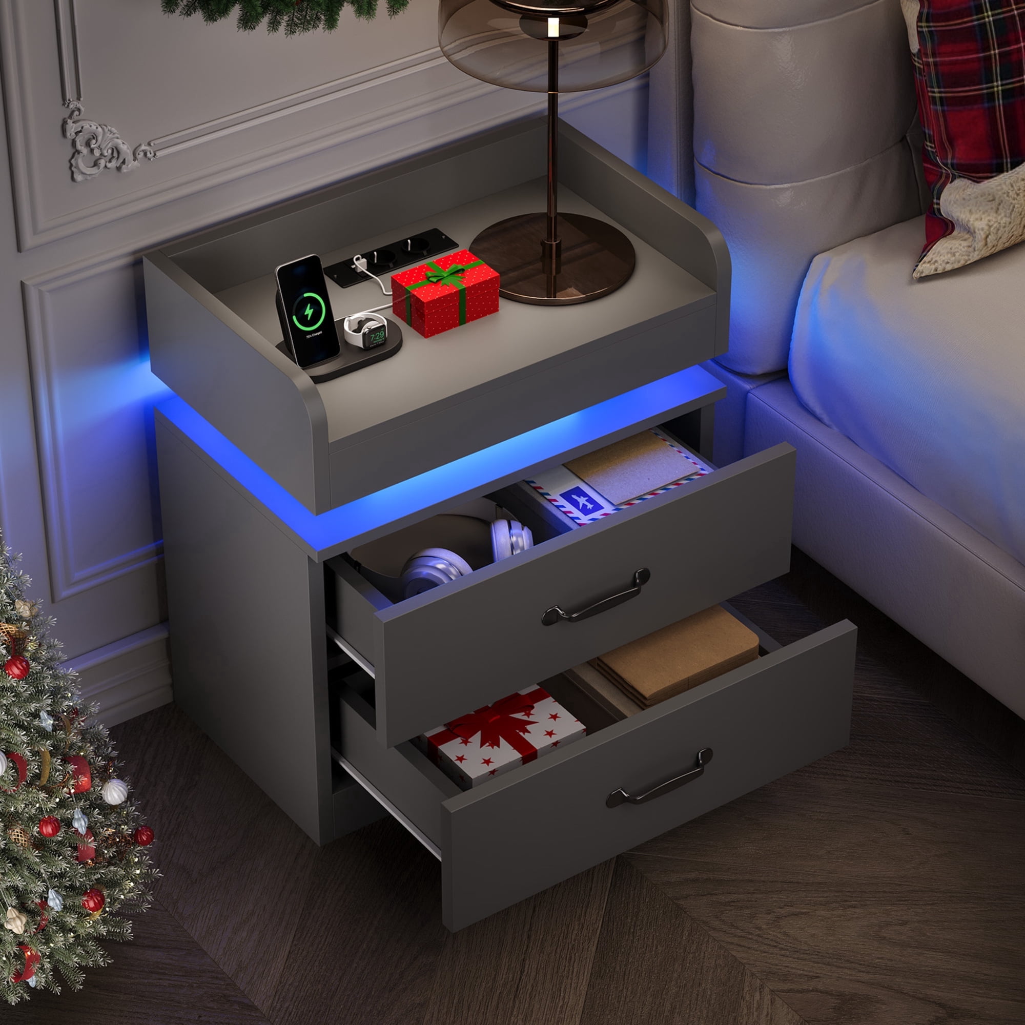 LED Nightstand, Modern Grey Night Stand End Tables with Charging — free download