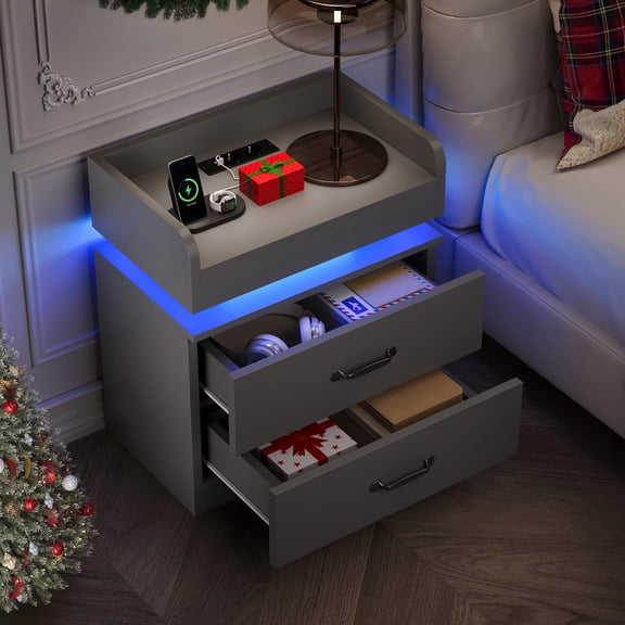 LED Nightstand, Modern Grey Night Stand End Tables with Charging Station & LED Lighting, 2 Drawers, Open Shelf Storage, Bedside Tables for Bedroom & Living Room