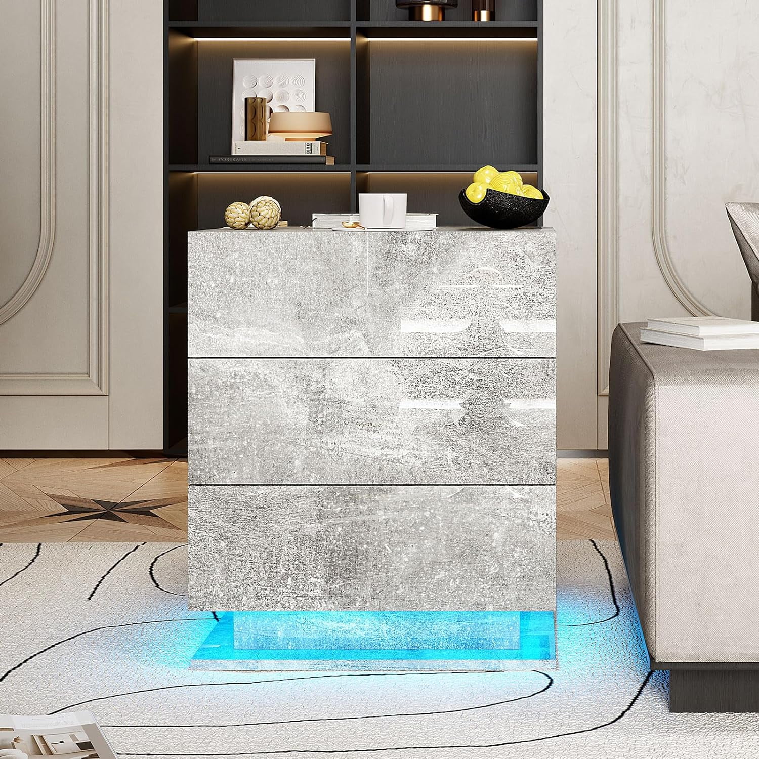 LED Nightstand Modern High Gloss Bedside Table with 3 Storage Drawers for Bedroom Wooden Smart Side Table End Table with LED Lights for Living Room Office Grey Marble 2 Walmart