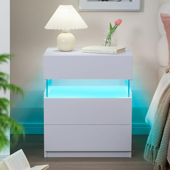 LED Nightstand Modern Night Stand for Bedroom Bedside Table with 3 Wood Drawers End Side Table
